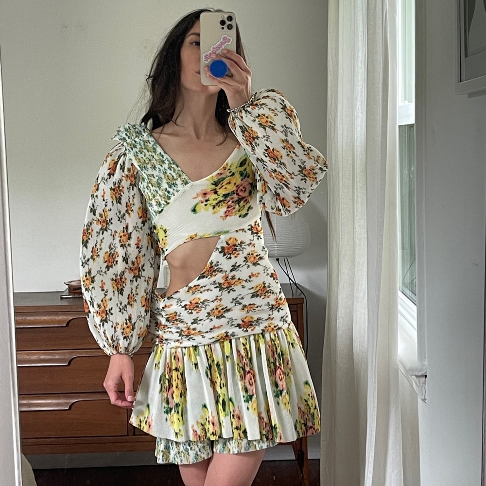 Carolina Herrera Floral Cutout Mini Dress in White, Yellow, Green